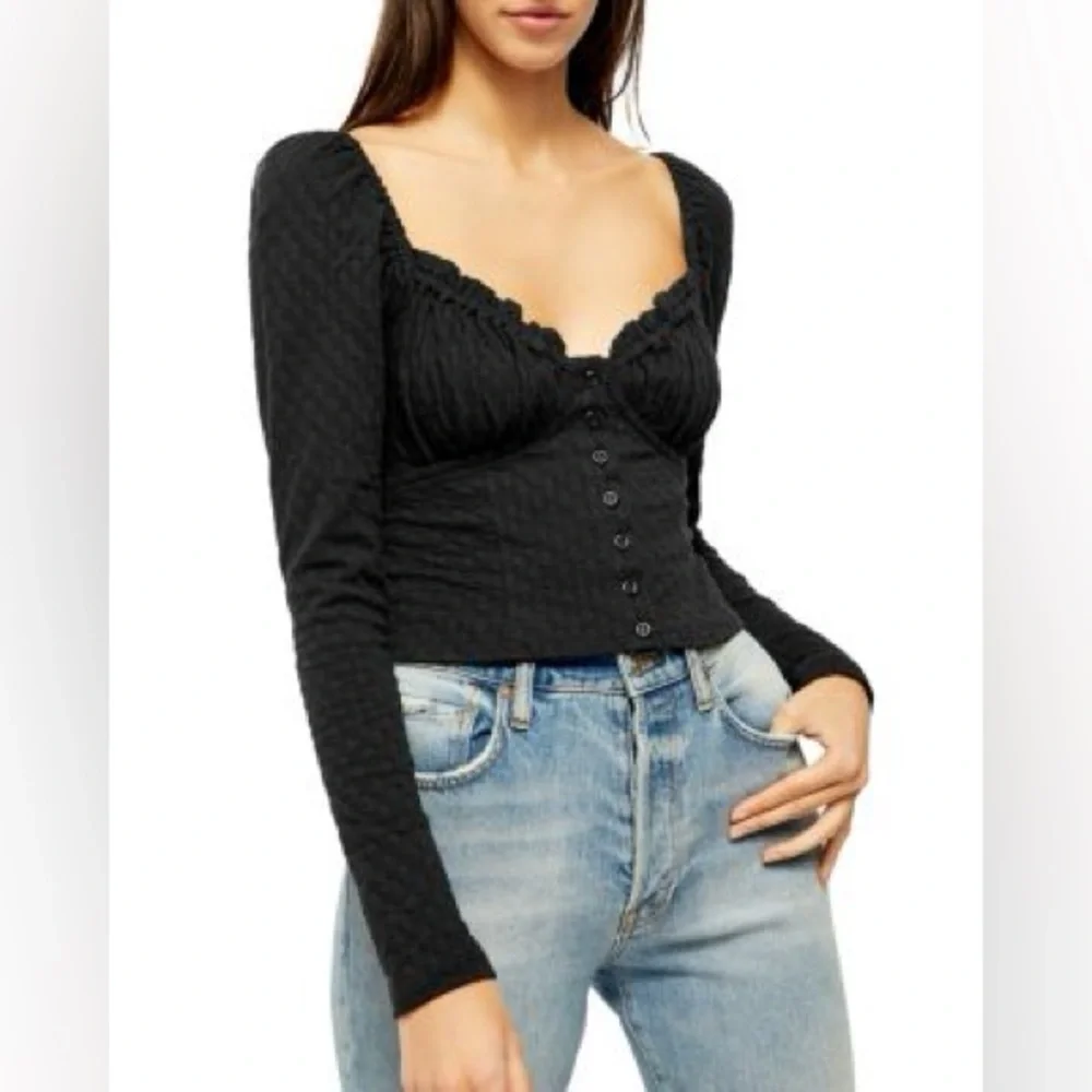 Free People - Lady Bug Black Sweetheart Neck Long Sleeve Crop Blouse Size XS